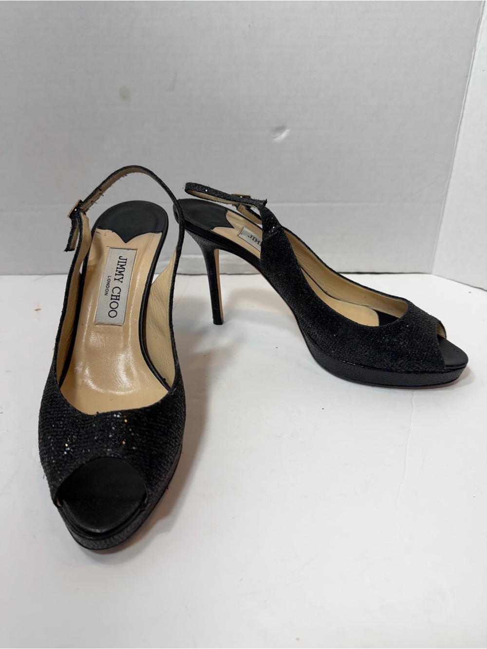 Jimmy Choo Black Glitter And Lurex Fabric Nova Peep Toe Slingback  Size 38.5